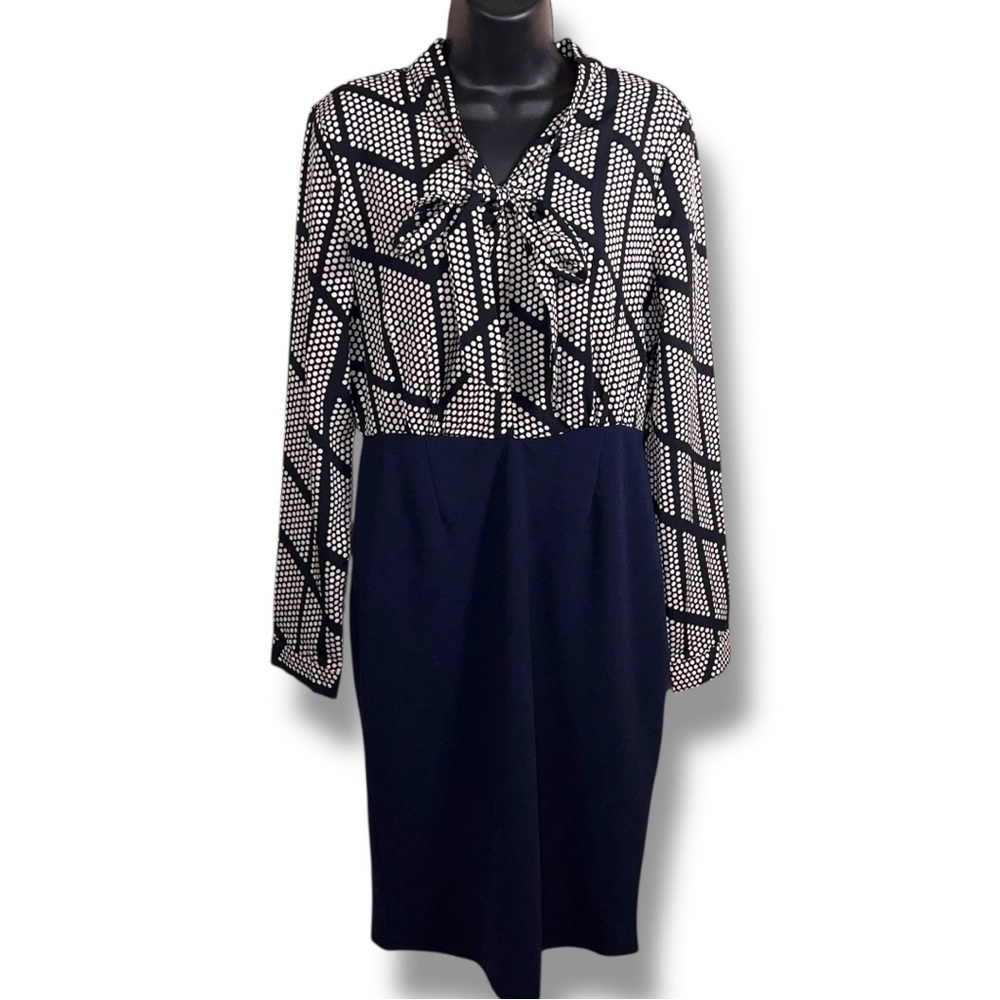 Size 6 Blue White Long Sleeve Dress Dot Print Bow Neckline Accent Zip Closure